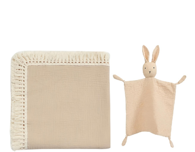 Kori Deer 可莉鹿 月禮盒組 純色流蘇嬰兒萬用包巾 + 安撫巾