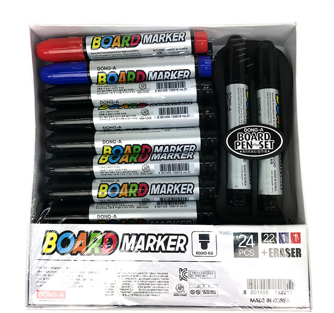 DONG-A 白板筆套裝 + 板擦 12色 無毒 韓國製造, 黑色 + 紅色 + 藍色, 24支