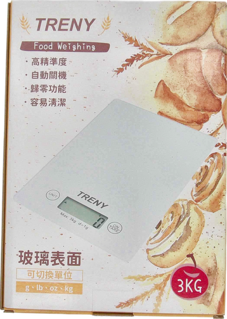 TRENY 玻璃廚房電子秤 最大秤重 3kg 高精準度 自動關機 歸零功能 容易清潔, 白, 不適用