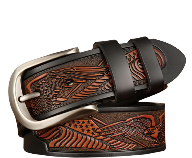 真牛皮 男士帶雄鷹雕花帶身針釦皮 LL183