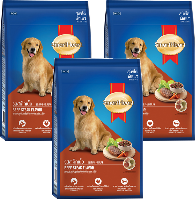 SmartHeart 慧心 成犬配方乾糧, 香嫩牛排風味, 2.6kg, 3袋