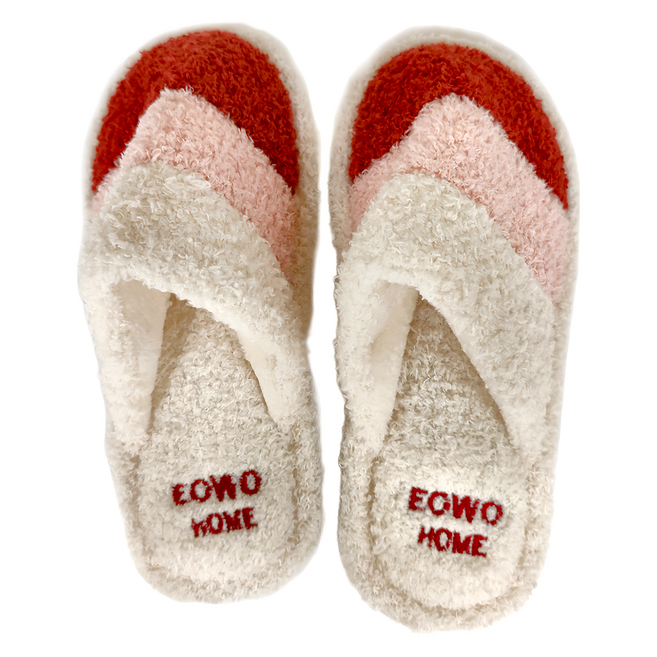 EOWO HOME 毛絨條紋拼色包頭保暖防滑男女室內拖鞋, 38~39, 紅色, 1雙