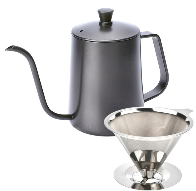 FUJI-GRACE 富士雅麗 基礎304不鏽鋼咖啡手沖壺2件組, 1組, 含蓋手沖壺 + 平底濾網, 600ml