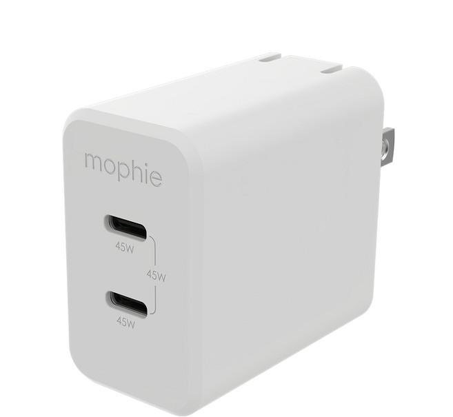 mophie GaN 45W USB-C 雙埠插座充電器 快速充電 適用於手機/平板/筆電/Switch, 白色, 1個