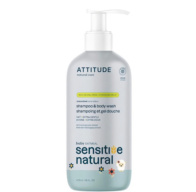 ATTITUDE 艾特優 寶寶敏感肌膚2合1洗髮沐浴露 473mL 天然環保產品, 1瓶
