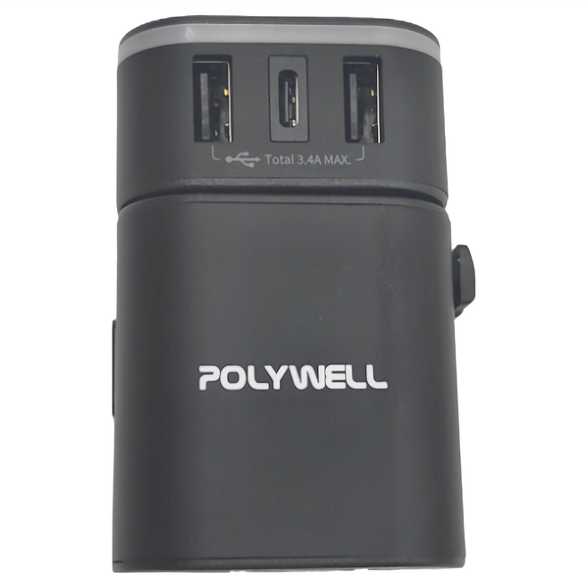 POLYWELL 寶利威爾 旅行充電器加多國轉接頭 雙Type-C + 雙USB-A PW15-T05-A053 黑色, 1個