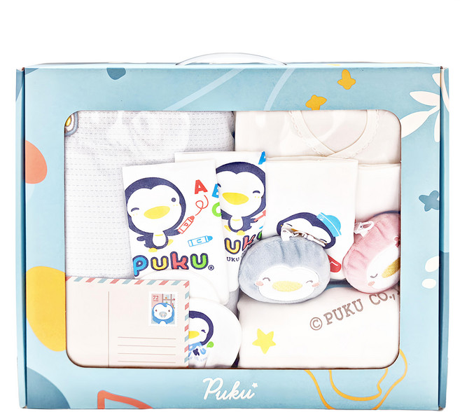 PUKU 藍色企鵝 月光柔柔親膚禮盒 肚衣 + 手套 + 手帕 x 2 + 澡巾 + 吊飾 x 2 + 幼兒枕 + 浴巾
