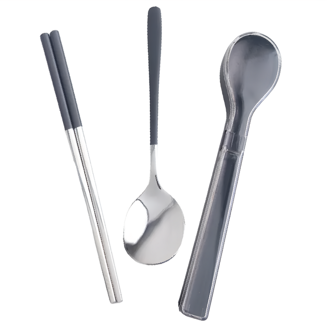 AXIS 艾克思 304不鏽鋼環保餐具組湯匙+筷子, 灰色 + 銀色, 湯匙 + 筷子 + 餐具盒, 1組