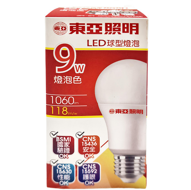 TOA 東亞照明 LLA60-9AAL 9W 3000K E27 全電壓 LED 球泡燈, 燈泡色, 12個