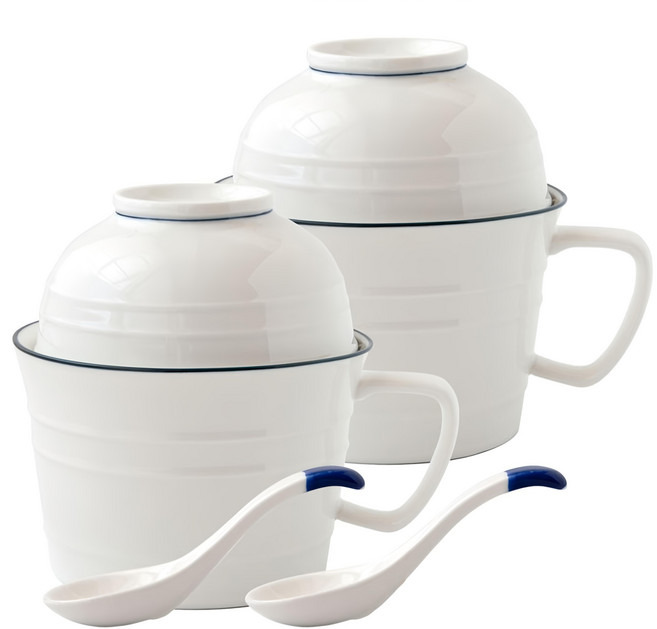 JUST HOME 里尼陶瓷附蓋多用碗 2入 附匙, 白色 + 藍色, 附蓋多用碗 + 湯匙, 1組