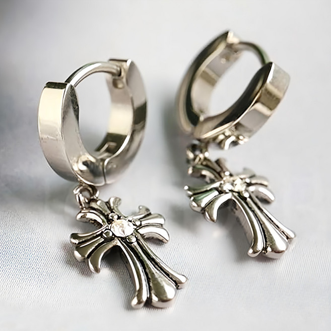 NOID-B 男款醫療鋼鉻十字架鋯石圈式耳環 2入