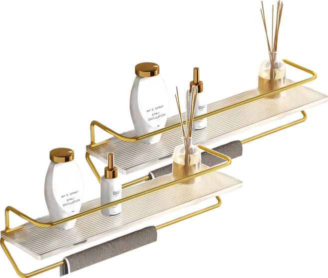 德利生活 壓克力牆上置物架 太空鋁浴室/廁所/廚房收納架 無痕膠安裝, 金色, 2個