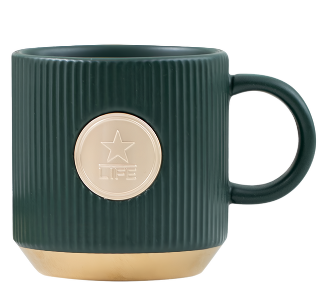 Mass 生活好物 北歐簡約保溫陶瓷馬克杯 鍍金綠 線條設計, 1個