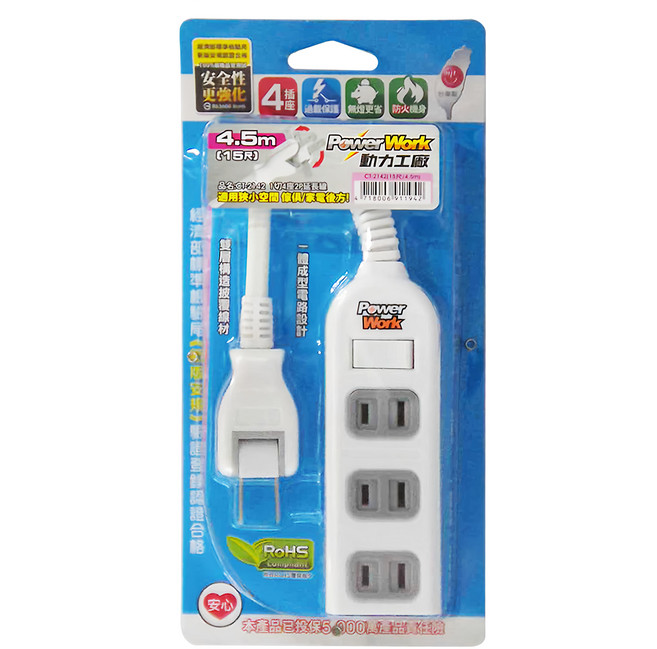 PowerWork 動力工廠 1切4座2P延長線 CT2142, 4.5m, 白色, 1條
