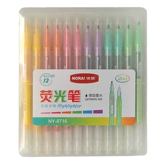 NORA 諾雅 雙頭螢光筆 淡彩護眼 德國墨水, 黃色 + 橘色 + 粉色 + 紫色 + 藍色 + 綠色, 12件