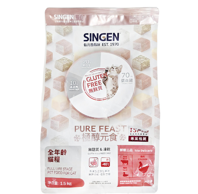 SINGEN 信元發育寶 鮮嫩三品 全年齡貓 乾糧, 雞肉 + 牛肉 + 鴨肉, 1.5kg, 1包