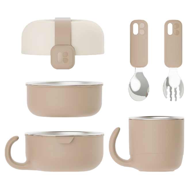 MOTHER-K Hug 外出豪華不鏽鋼餐具多件組, 1組, 蓋子 + 小碗 + 大碗 + 杯子 + 湯匙 + 叉子 + 固定帶, 燕麥奶茶
