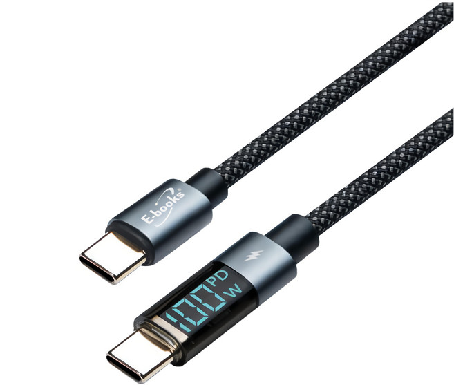 E-books XA48 鋁製Type C-C 100W 數顯智能穩壓充電傳輸線, 1m, 黑色, 1條