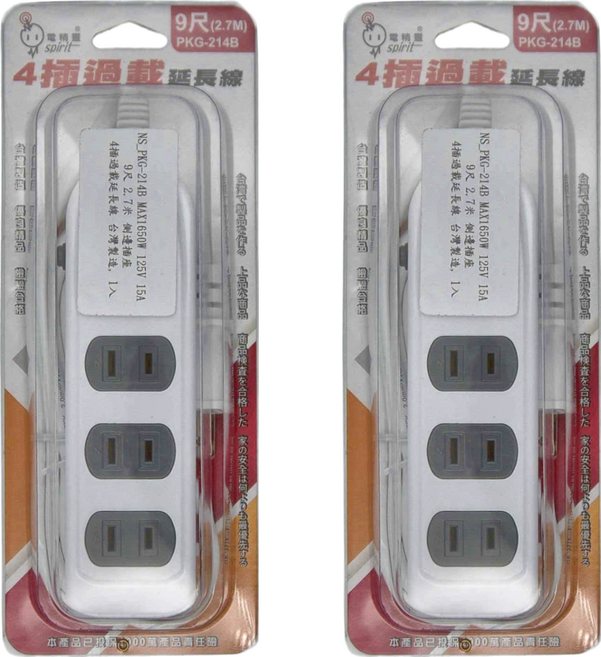 spirit 電精靈 4插過載延長線, 2.7m, 白色, 2條