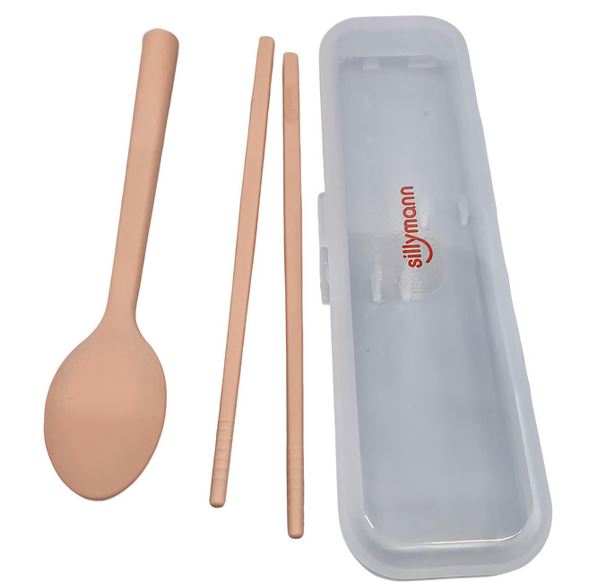 sillymann 湯匙 + 筷子 + 外盒 鉑金矽膠材質 安全餐具, 奶油粉, 1組