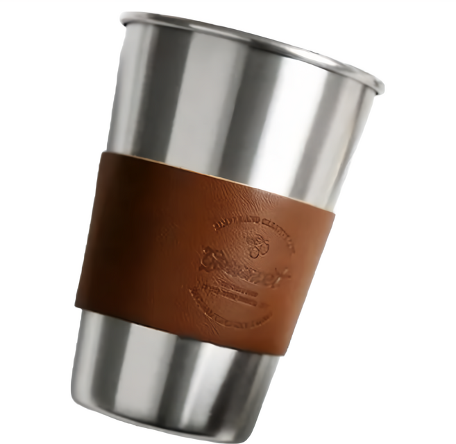 Homely Zakka 皮革304不銹鋼杯, 銀色 + 深咖啡色, 480ml, 1個