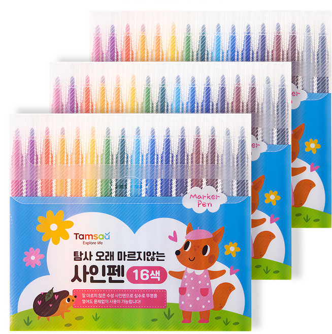 Tamsaa 兒童用不會乾掉的16色簽字筆, 圓頭, 3盒