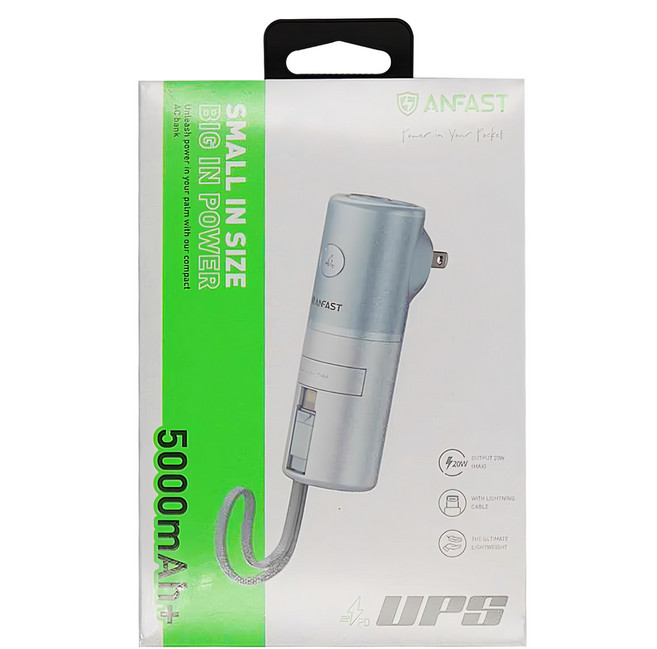 ANFAST UPS 20W 口袋寶 5000mAh 內建 Lightning 線和 AC 插頭, P0520L, 藍色