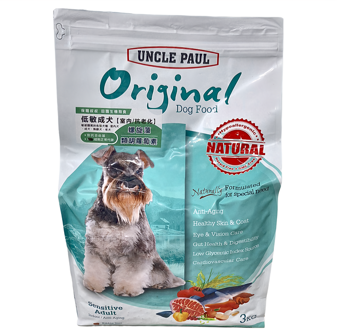 UNCLE PAUL 保羅叔叔 狗飼料 低敏熟齡犬, 3kg, 1袋, 螺旋藻 類胡蘿蔔素