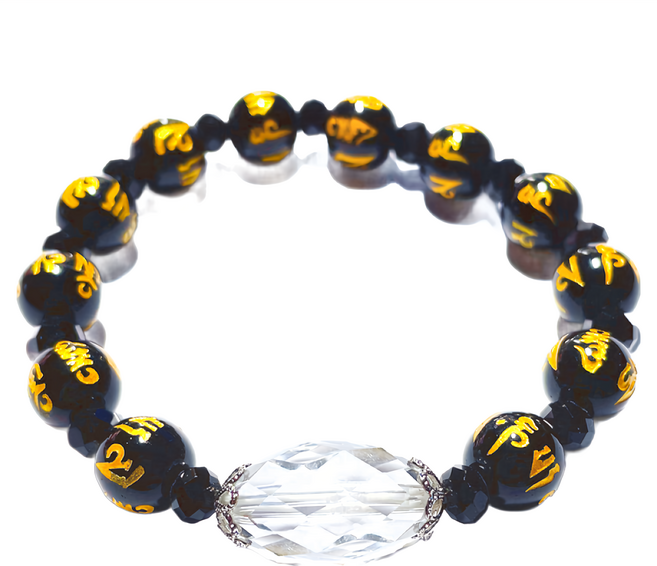 白水晶黑瑪瑙六字真言手鍊, 黑色 + 金色, 1條