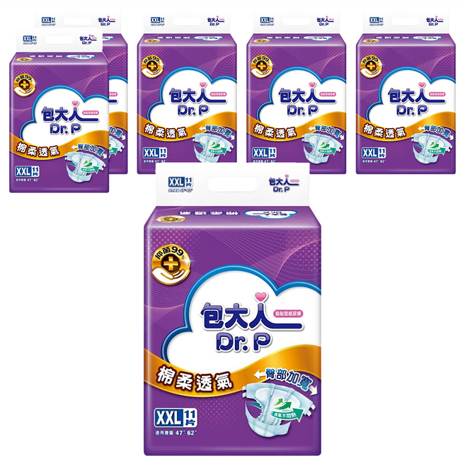 Dr.P 包大人 棉柔透氣 黏貼型成人紙尿褲, XXL 腰圍47~62吋, 11片, 6包