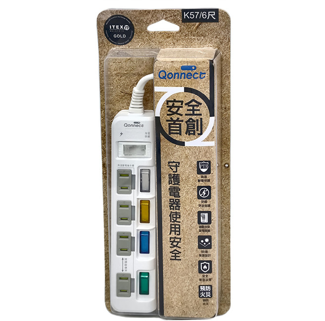 Qonnect 5開4插2P高溫斷電延長線, 1.8m, 白色, 1條