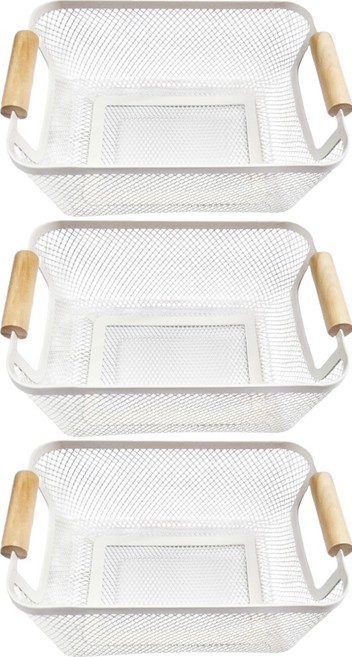 樂司廚品 小鐵多用途收納籃, 白色 + 原木色, 3個