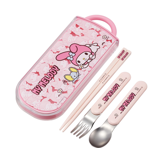 Skater 抗菌兒童3合1餐具組, MY MELODY, 湯匙 + 叉子 + 筷子 + 外盒, 1組