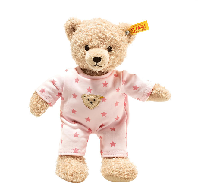 Steiff 金耳釦泰迪熊 嬰幼兒玩偶 柔軟舒適, 25cm, 睡衣熊女孩 棕色 + 粉色, 1個