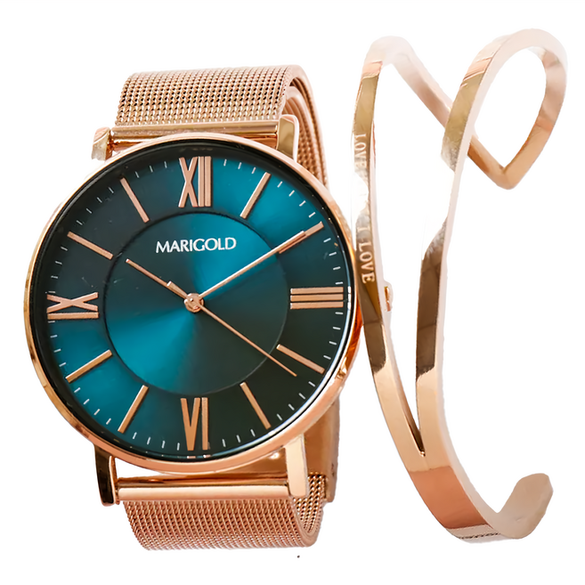 MARIGOLD 美爾朵 女人愛美愛自己剛剛好的喜歡1 + 1獨家超值手錶鈦鋼手環禮盒2件組 藍綠面玫金帶 + 玫金手鐲