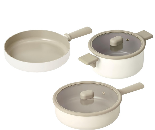 NEOFLAM 台灣公司貨 迷你Chouchou系列 電磁爐適用陶瓷塗層鑄造鍋3件組, 奶杏色, 炒鍋 + 平底鍋 + 雙耳湯鍋, 1組