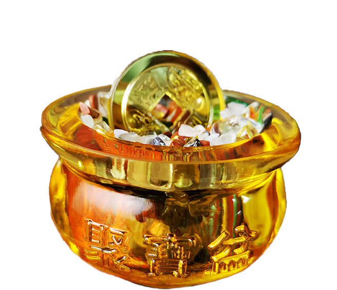 財神小舖 聚財金錢 琉璃水晶聚寶盆擺件 土, 1個