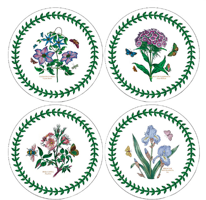 Portmeirion 波特玫琳恩 Botanic Garden 圓形餐墊 軟木背墊, 4個, 經典植物園系列 綠色 + 白色