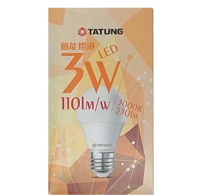 TATUNG 大同 3W LED節能燈泡 BL/3W/830 直徑45 x 81mm 25g, 黃光(3000K), 20個