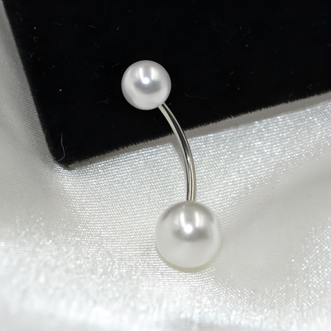 gelluna 女士手術鋼簡約基本款白色珍珠肚臍環 BP-17 銀色