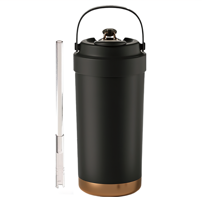 提手吸管三飲保溫咖啡杯 陶瓷內膽 附彈跳吸管, 暮色黑, 500ml, 1個