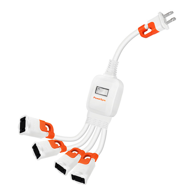 PowerSync 群加 2P一對四抗搖擺分接線 TS4WB003, 白色 + 橘色, 1個, 37cm