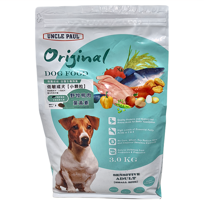 UNCLE PAUL 保羅叔叔 田園生機狗食 成犬 低敏配方飼料 小顆粒, 野牧鴨肉 + 葉黃素/水解蛋白, 3kg, 1袋