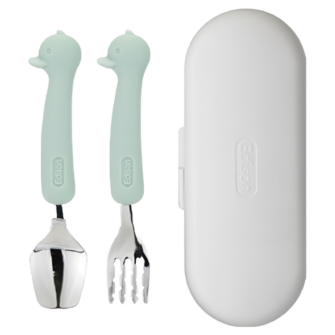 Edison 鴨子款矽膠柄兒童餐具組, 湯匙 + 叉子 + 收納盒, 鴨子 薄荷色, 1組
