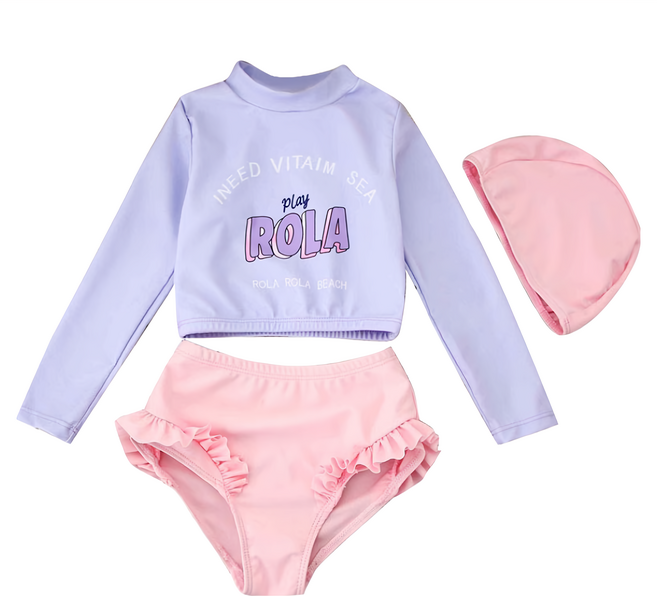 愛北鼻 女童防曬泳衣 長袖上衣 + 泳褲 + 泳帽