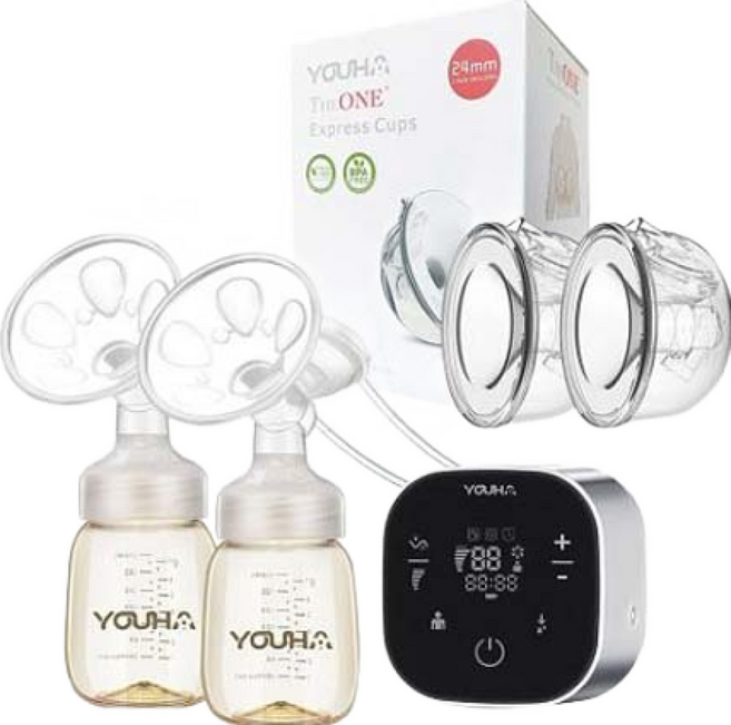 YOUHA 優合 The ONE 智慧型雙邊電動吸乳器+雙邊免手持真空集乳杯 超值組, 2入, 1組, 透明 + 銀色 + 黑色