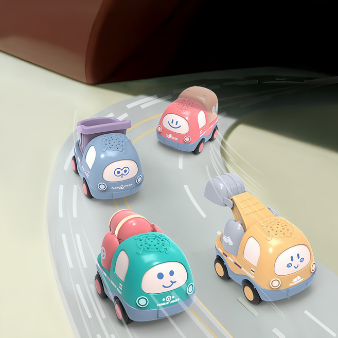 Jane&Nini Toy 迴力車 6個月以上 4個, 工程卡通車 紅色 + 綠色 + 黃色 + 藍色, 1組