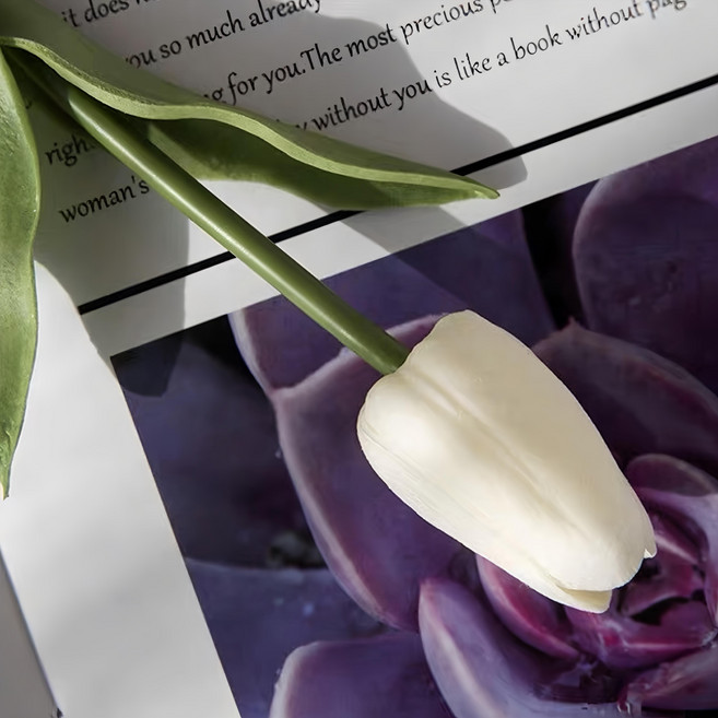 沐慕家居 仿真防水鬱金香花 pu材質 長度35cm, 奶白色, 20件