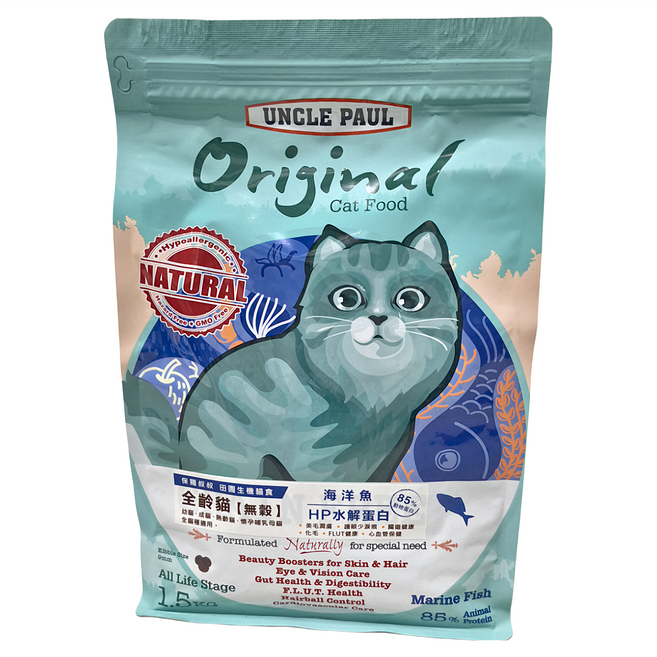 UNCLE PAUL 保羅叔叔 全齡貓 田園生機無穀乾飼料, 雞肉 + 海洋魚, 1.5kg, 1袋