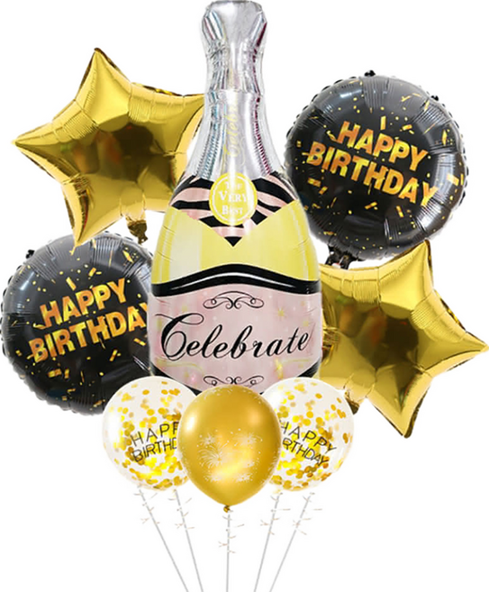 酒瓶生日套組-金色氣球裝飾 慶祝生日派對用品, 黑金, 1組